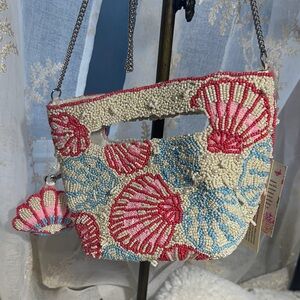 Made in India beaded shell crossbody bag with matching beaded bag charm